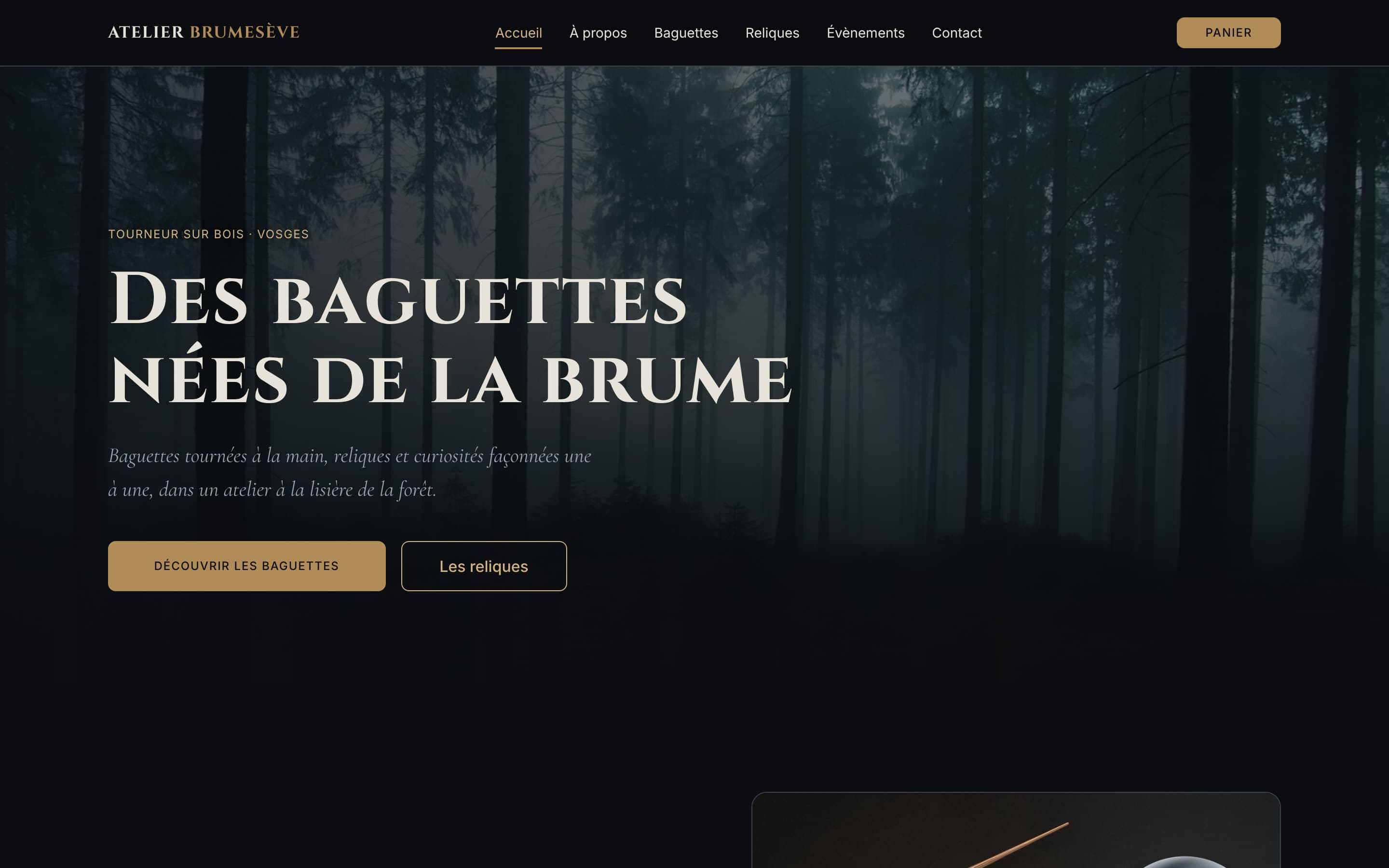 Maquette de boutique en ligne pour artisan d’art : page d’accueil de l’Atelier Brumesève