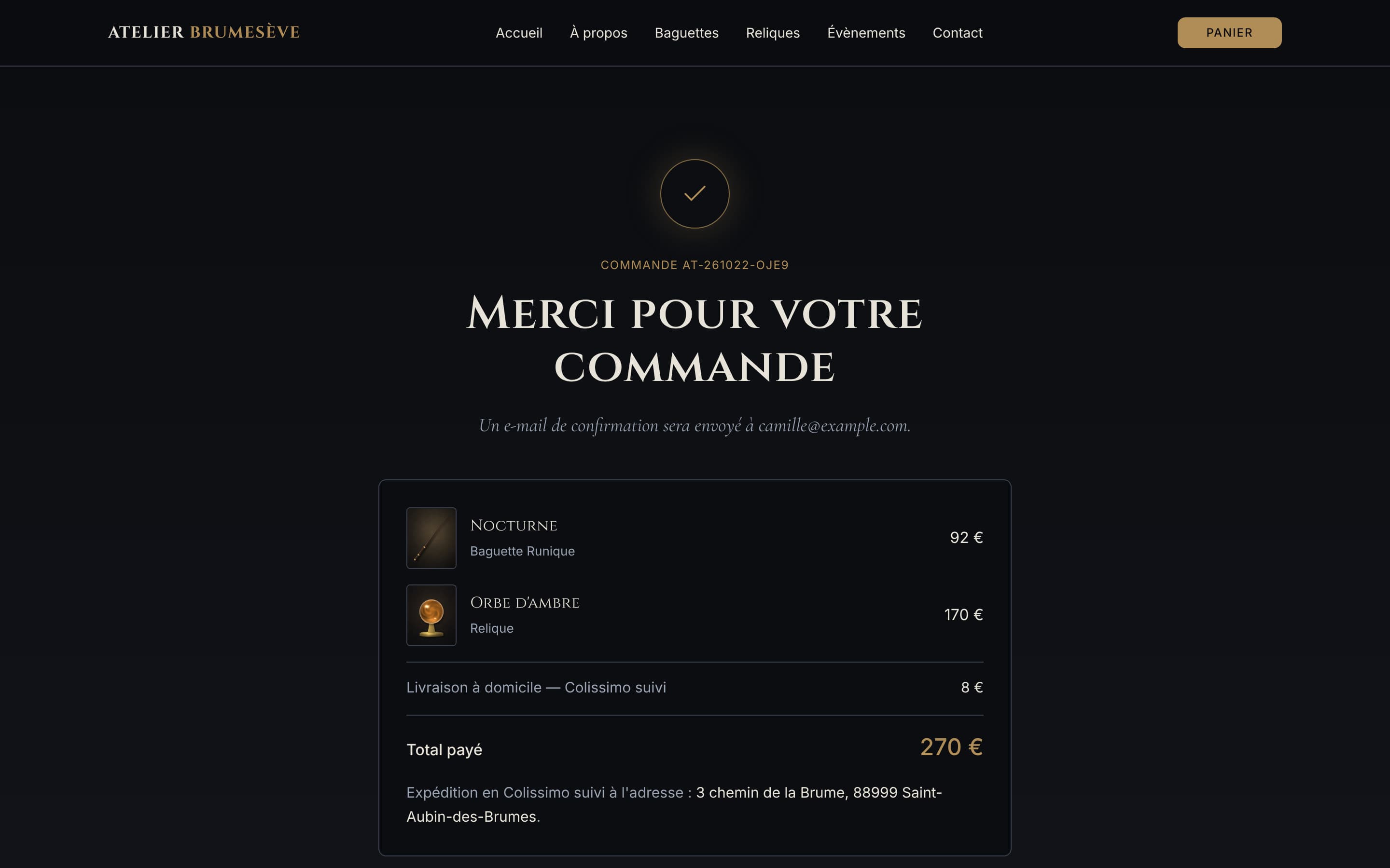 Confirmation de commande avec numéro, récapitulatif des pièces et adresse de livraison