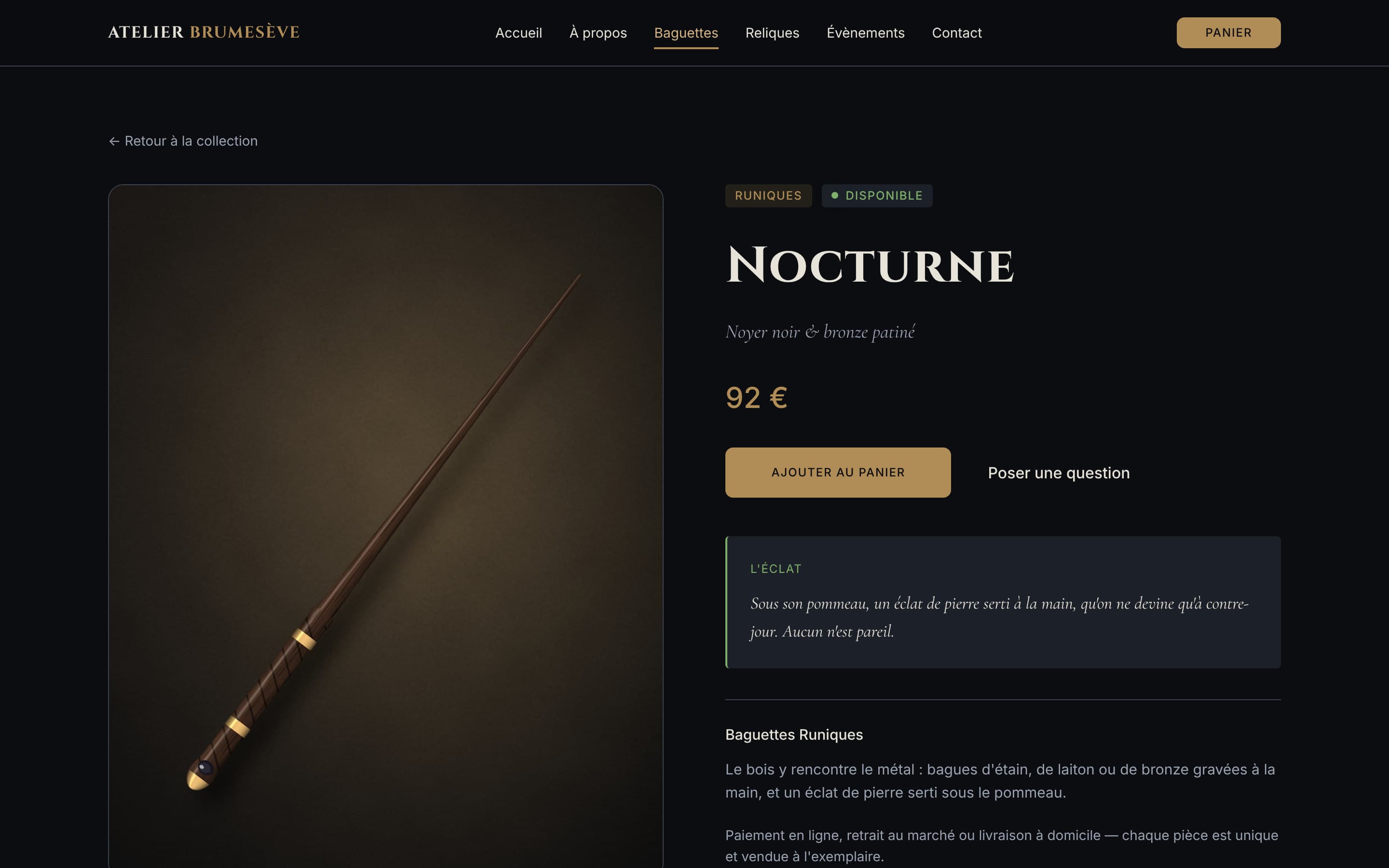 Fiche produit d’une baguette en noyer noir et bronze patiné : photo, prix et bouton d’ajout au panier