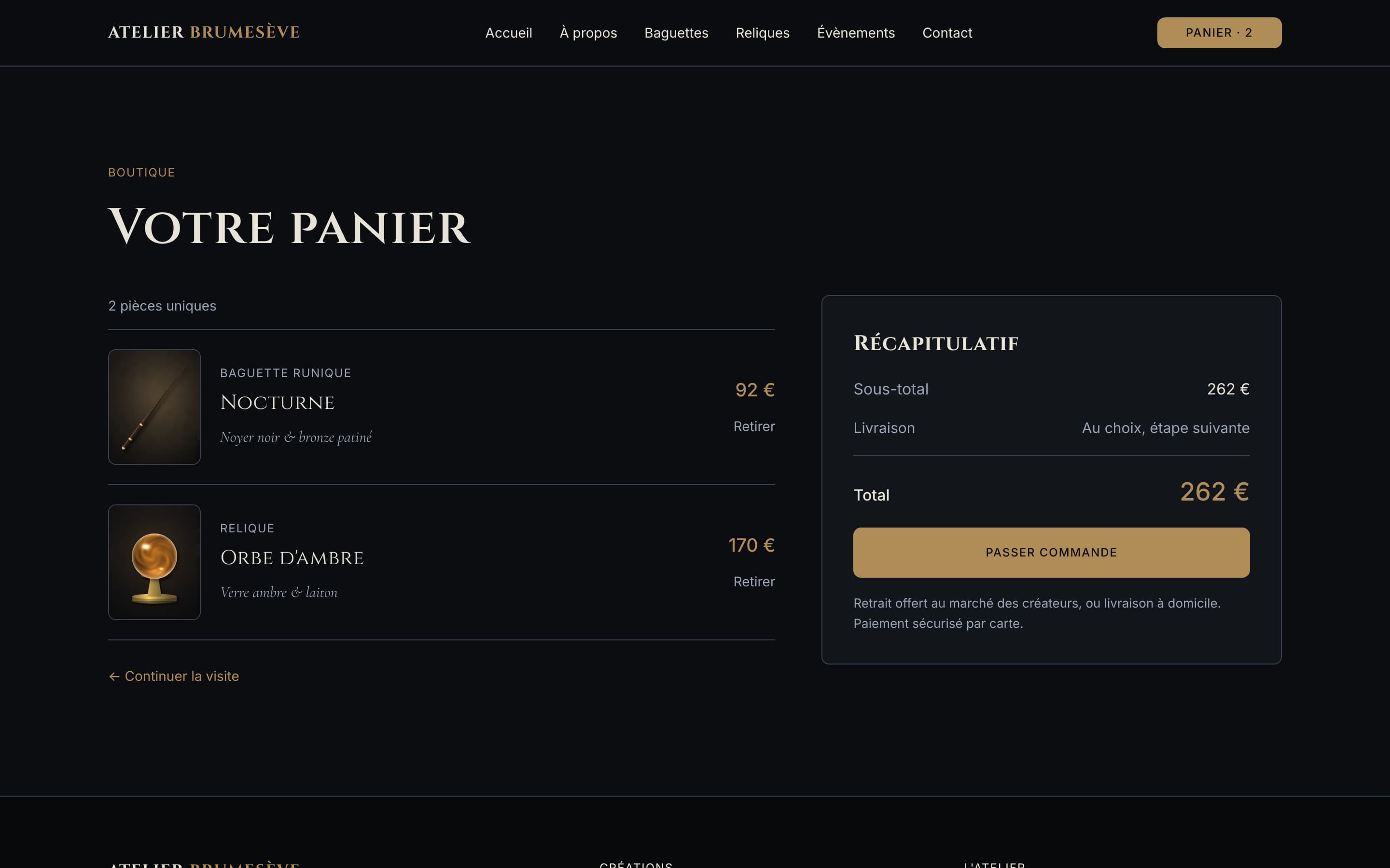Panier de la boutique avec une baguette et une relique, récapitulatif et bouton Passer commande