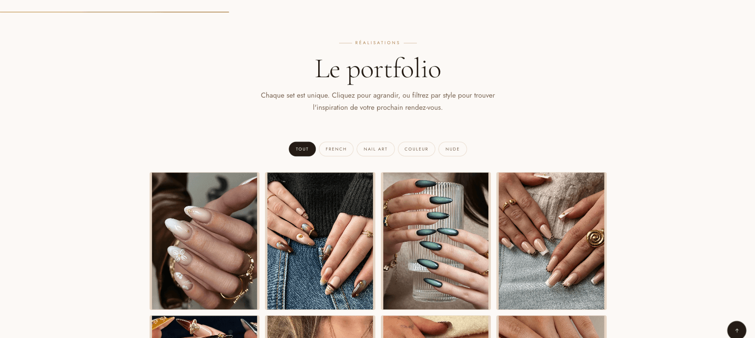 Portfolio de nail art filtrable par style : french, nail art, couleur, nude
