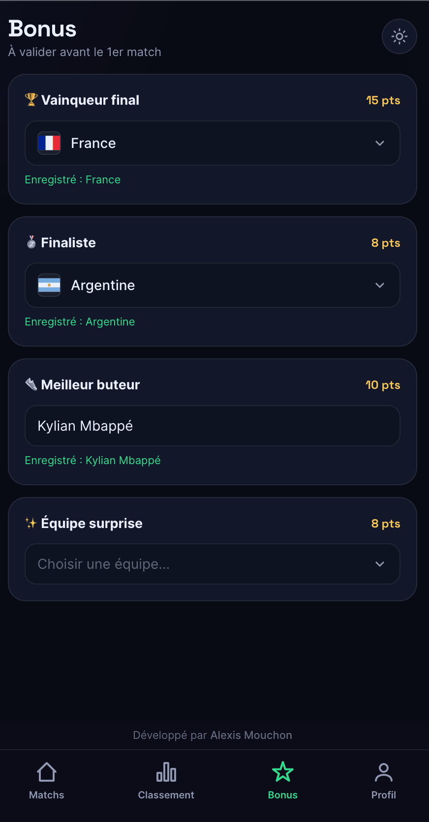 Écran des questions bonus