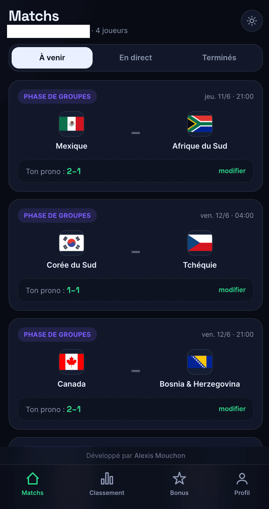 Écran d’accueil — liste des matchs à pronostiquer