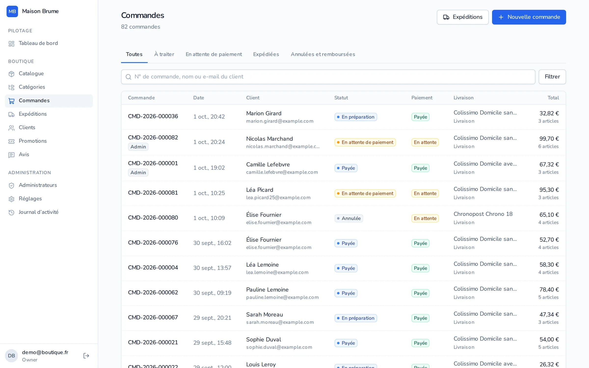 Liste des commandes avec statut, paiement et mode de livraison