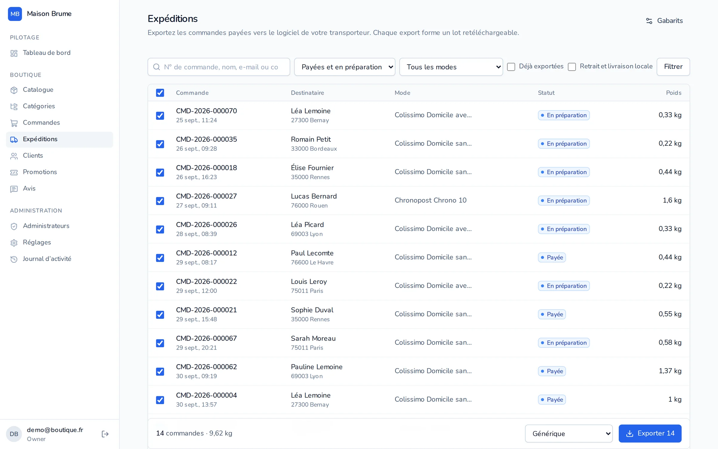 Commandes à expédier sélectionnées pour l’export transporteur