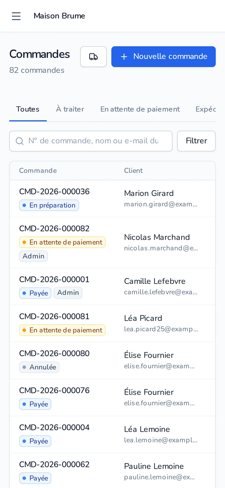 Liste des commandes sur téléphone