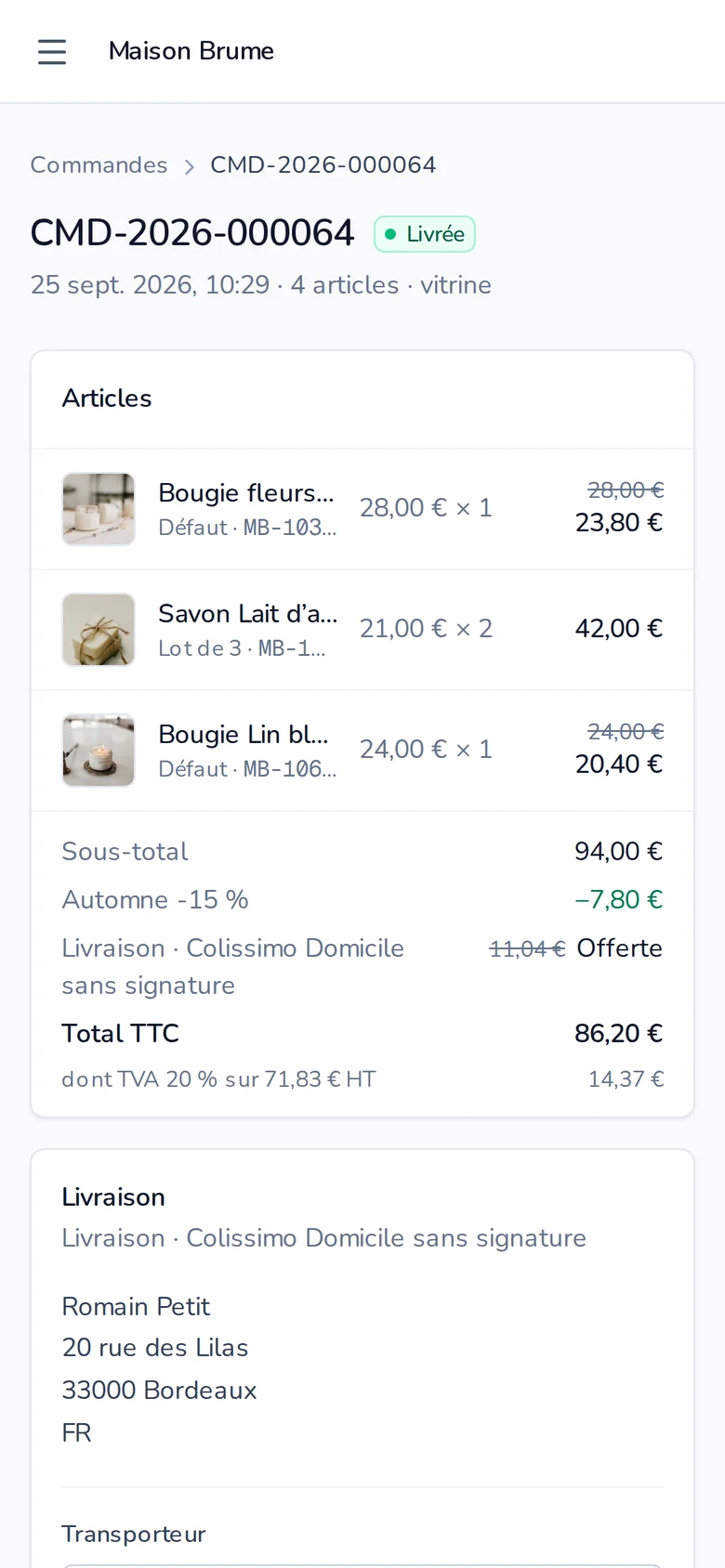 Détail d’une commande sur téléphone