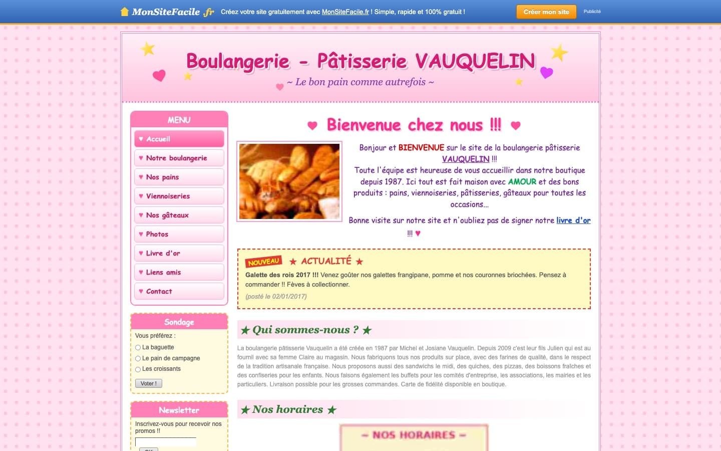 Avant la refonte : site gratuit rose, publicité de l’hébergeur en haut, menu chargé et actualité de 2017